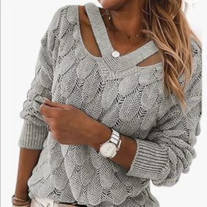 New Unique V Neck Hollow Out Knit Sweater